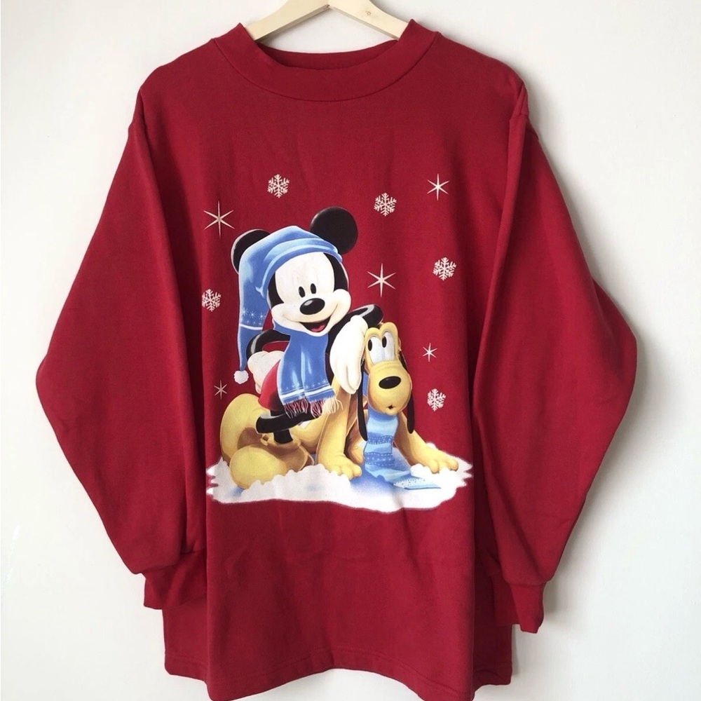 Vintage 90’s Disney Mickey Mouse Pluto Winter Graphic Red Sweatshirt Womens XL